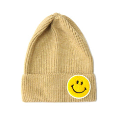 Chenille Patch Smiley Happy Face Knitted Cuffed Beanie with White Outline