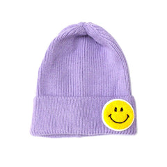 Chenille Patch Smiley Happy Face Knitted Cuffed Beanie with White Outline