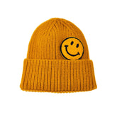 Chenille Patch Smiley Happy Face Knitted Cuffed Beanie with Black Outline