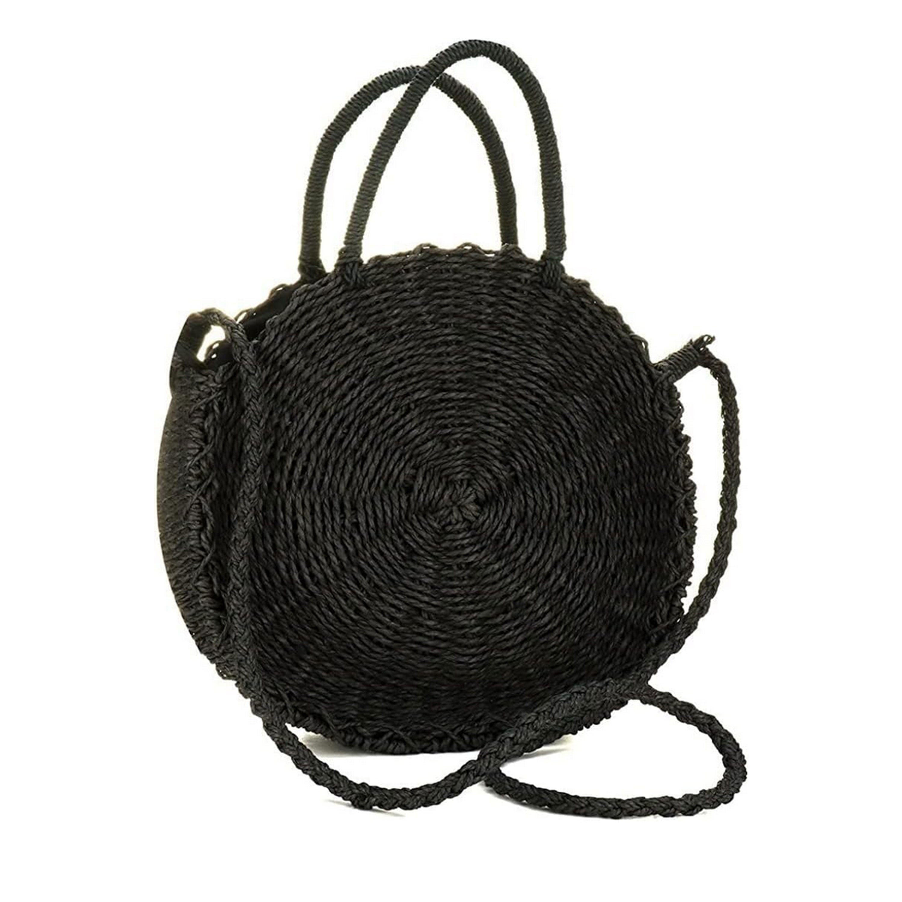 Round Black Straw Crossbody Purse