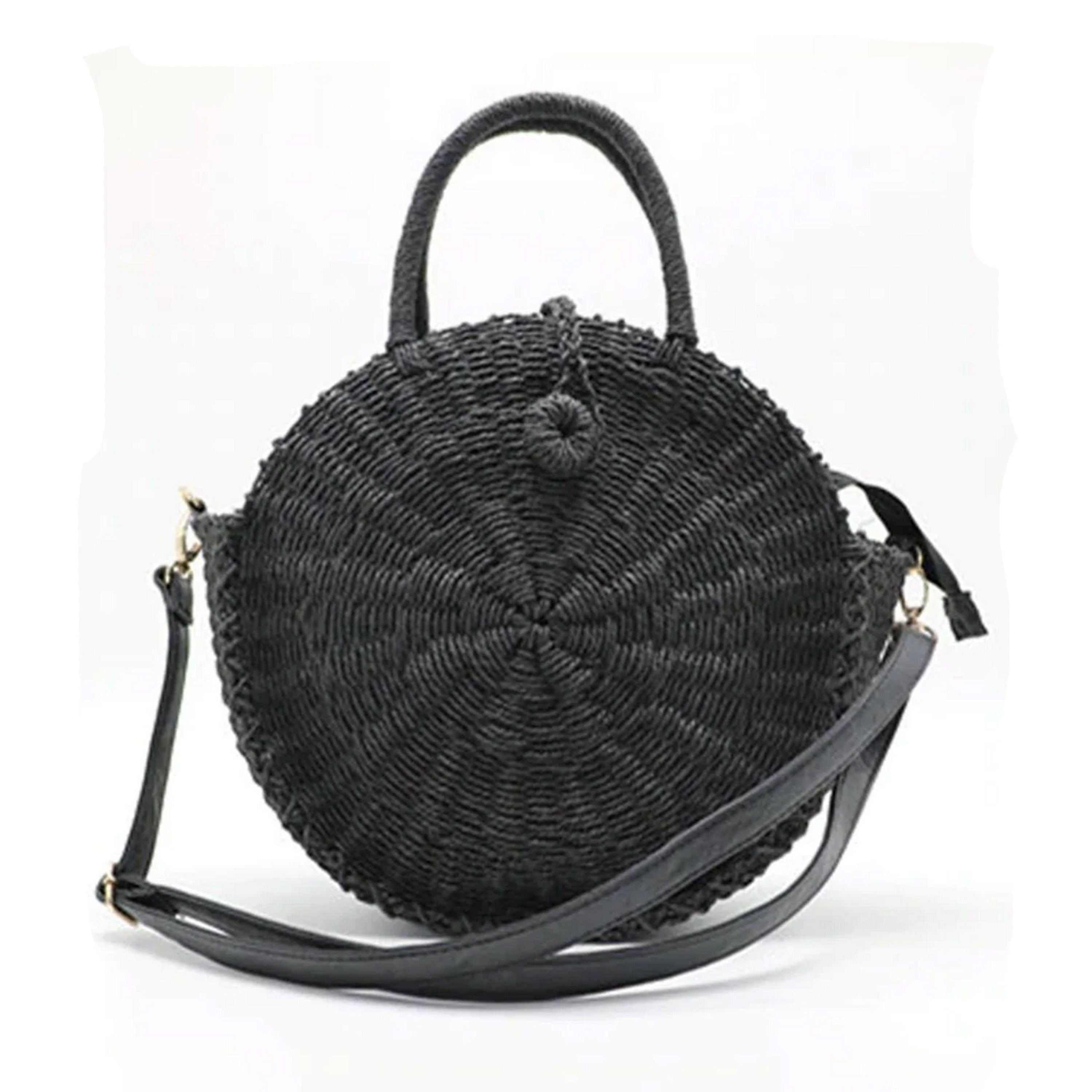 Round Black Straw Crossbody Purse