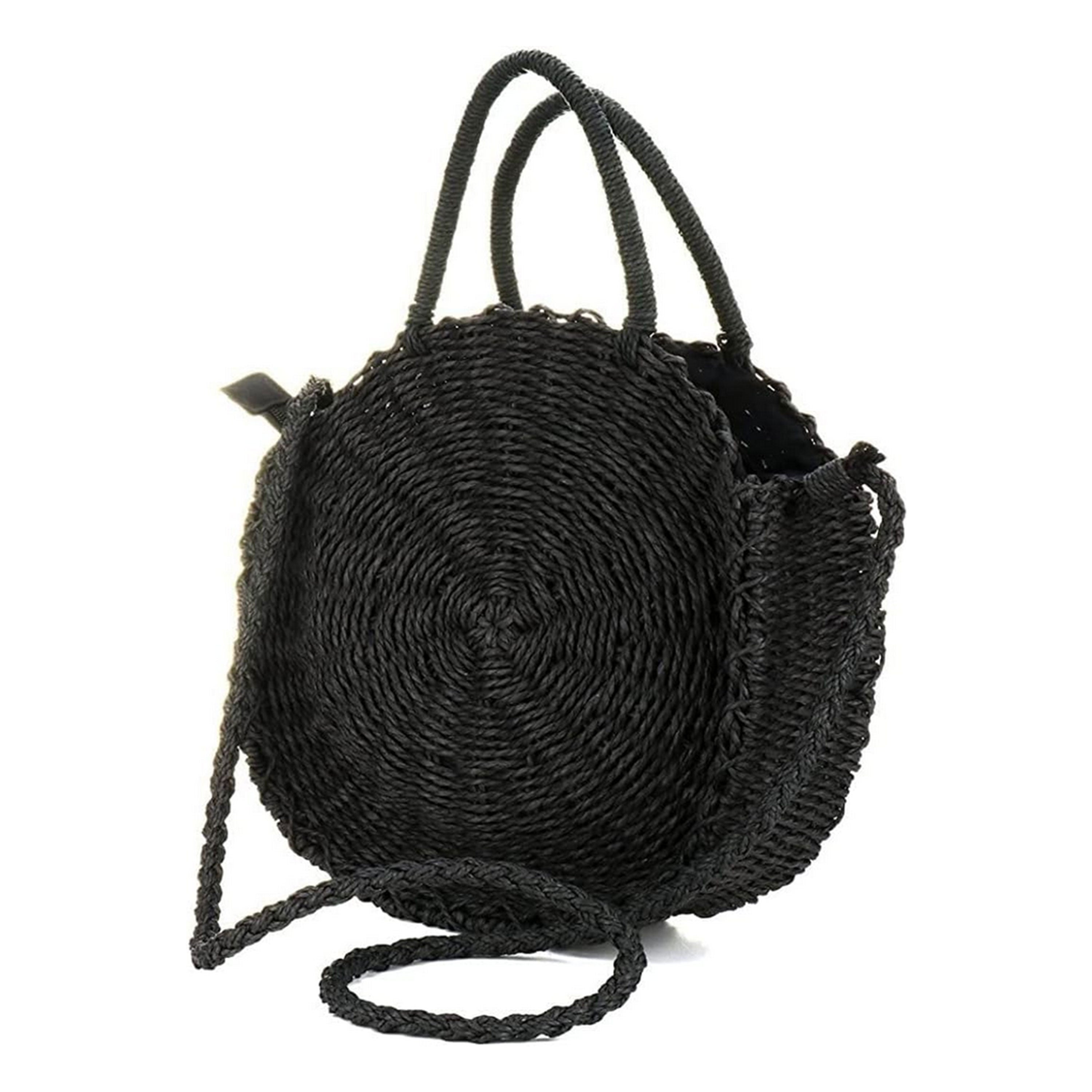 Round Black Straw Crossbody Purse