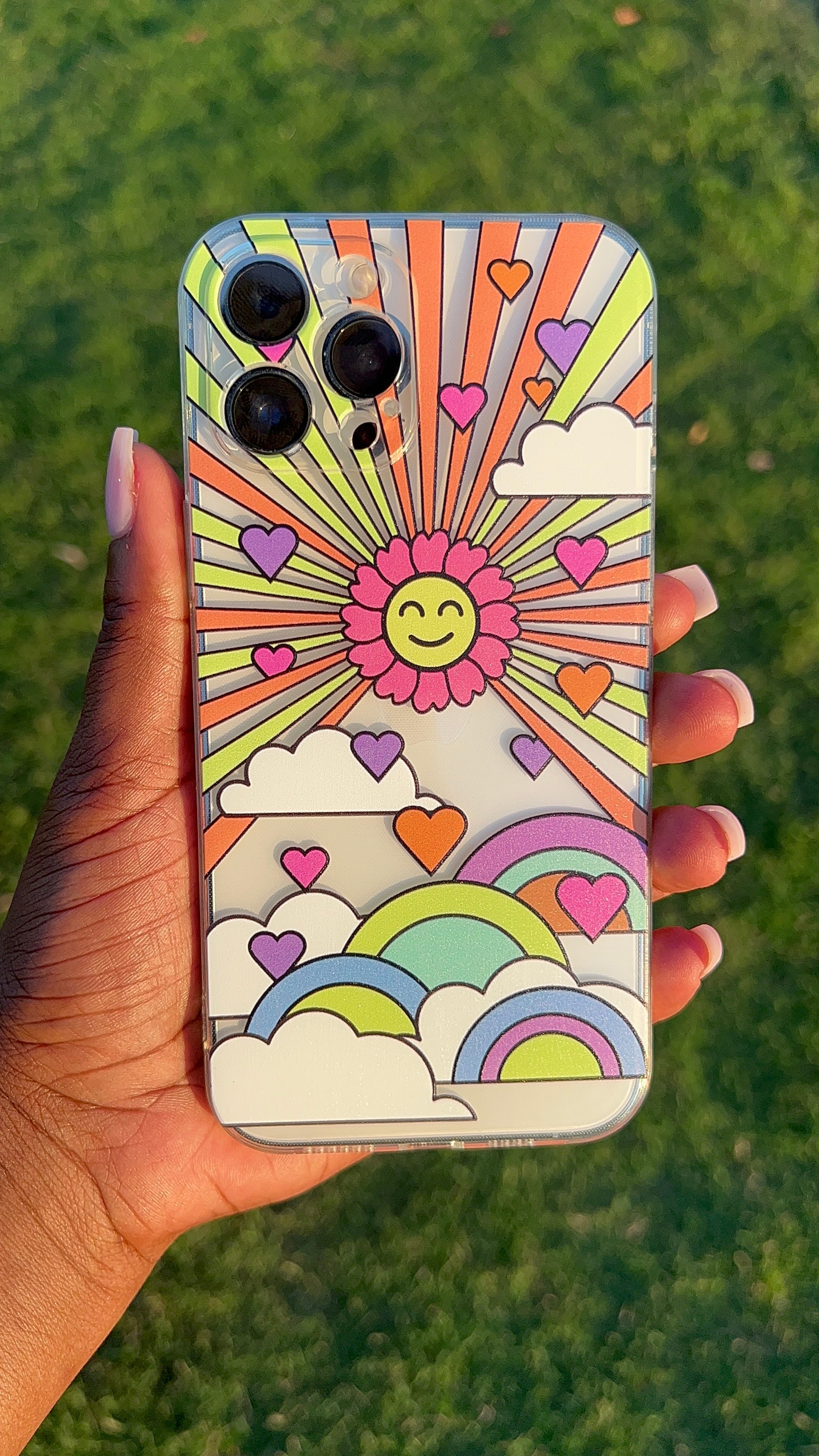 Neon Sky with Flower Sun and Hearts Phone Case (Fits iPhone 12 Pro Max & iPhone 13 Pro Max)