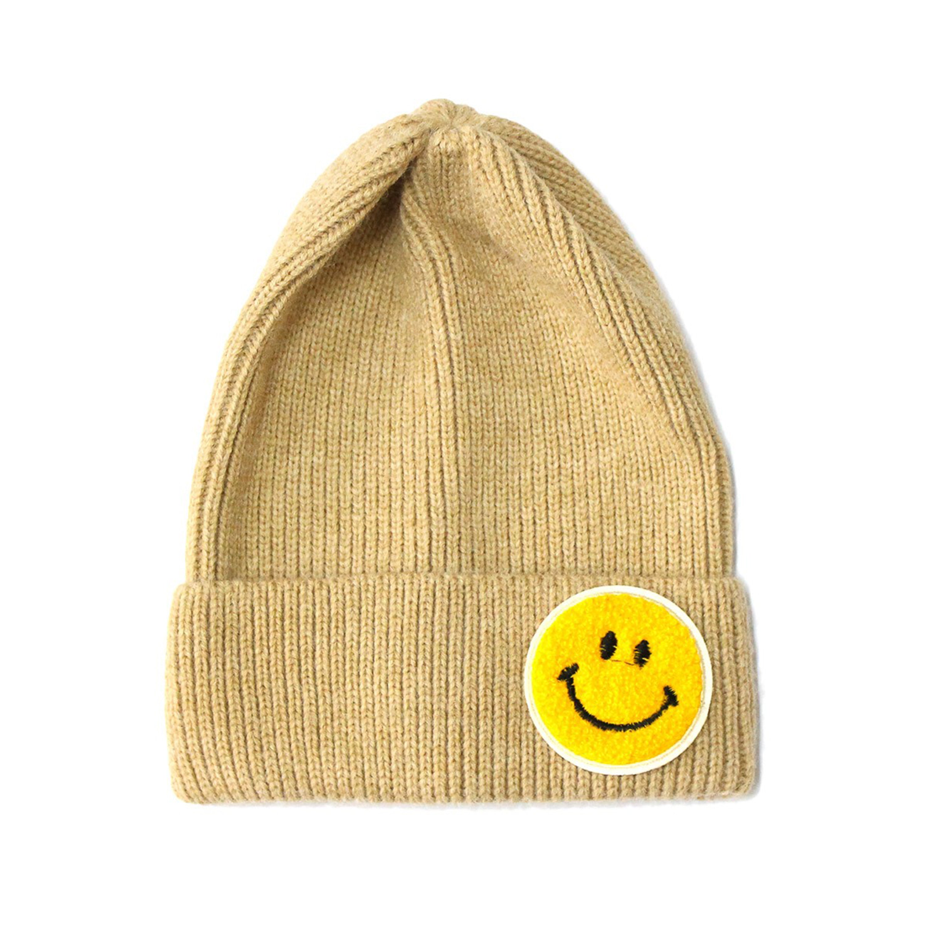 Chenille Patch Smiley Happy Face Knitted Cuffed Beanie with White Outline