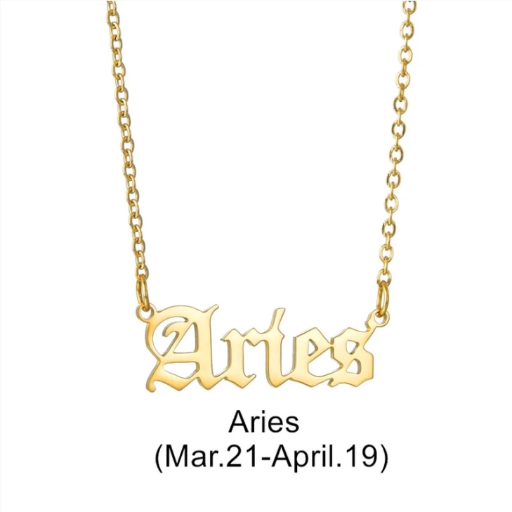 Zodiac Signs in Old English Font Astrology Star Sign Pendant Necklace - Gold