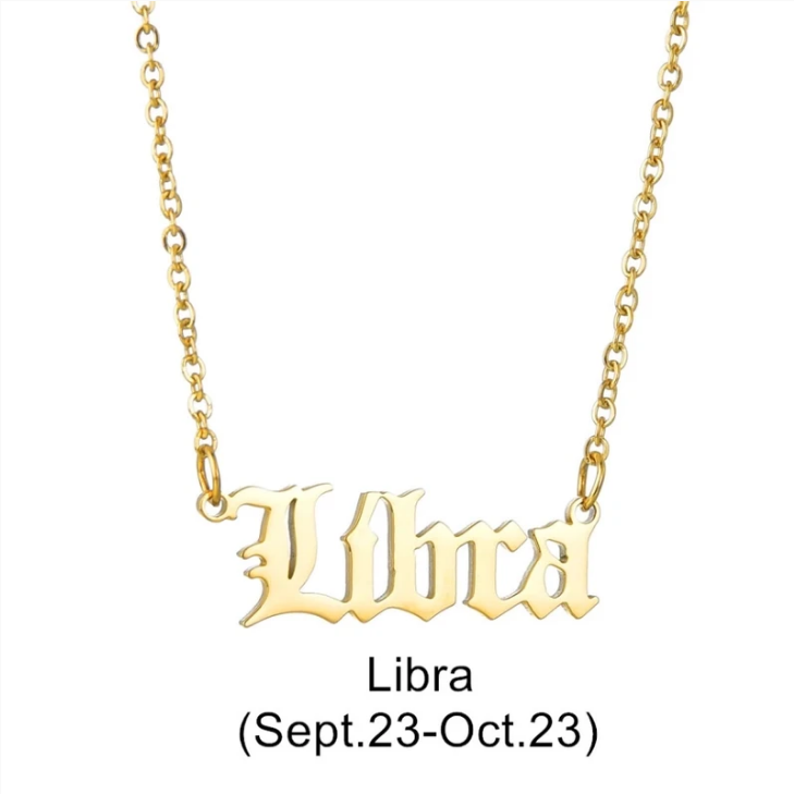 Zodiac Signs in Old English Font Astrology Star Sign Pendant Necklace - Gold