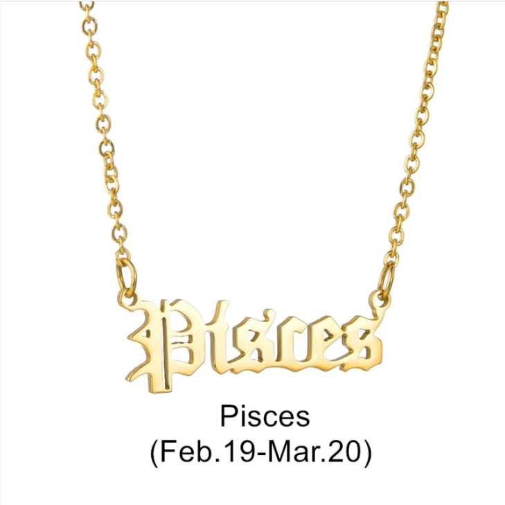 Zodiac Signs in Old English Font Astrology Star Sign Pendant Necklace - Gold