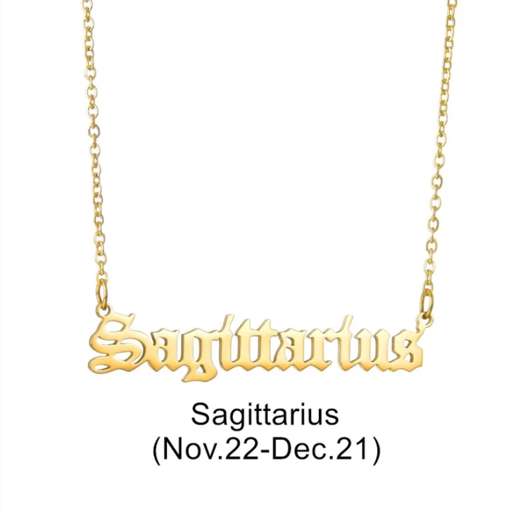 Zodiac Signs in Old English Font Astrology Star Sign Pendant Necklace - Gold