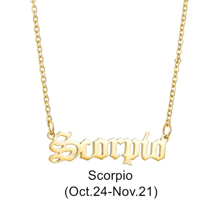 Zodiac Signs in Old English Font Astrology Star Sign Pendant Necklace - Gold