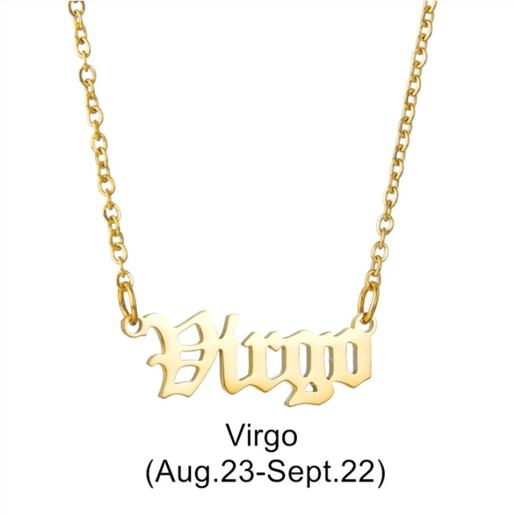 Zodiac Signs in Old English Font Astrology Star Sign Pendant Necklace - Gold