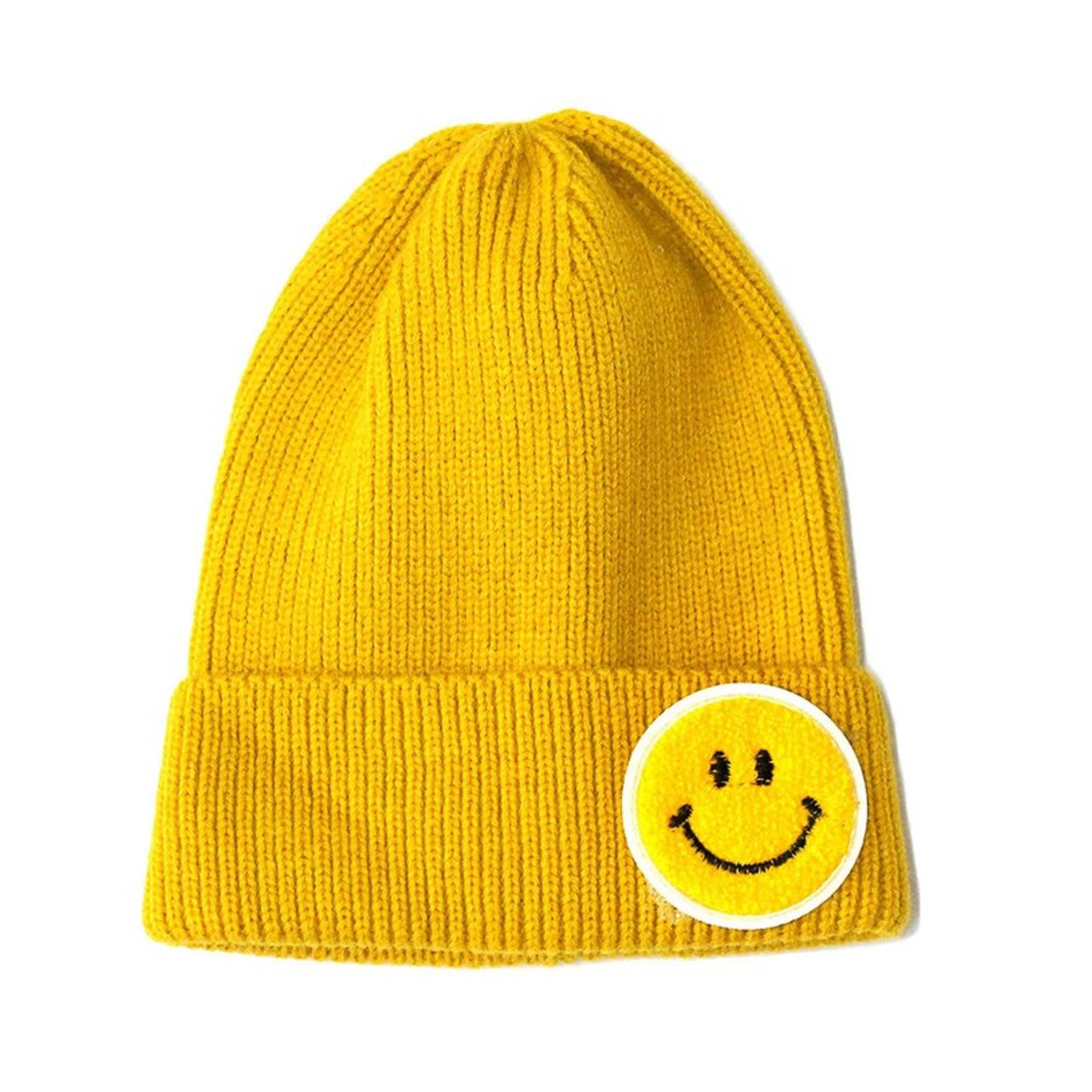 Chenille Patch Smiley Happy Face Knitted Cuffed Beanie with White Outline
