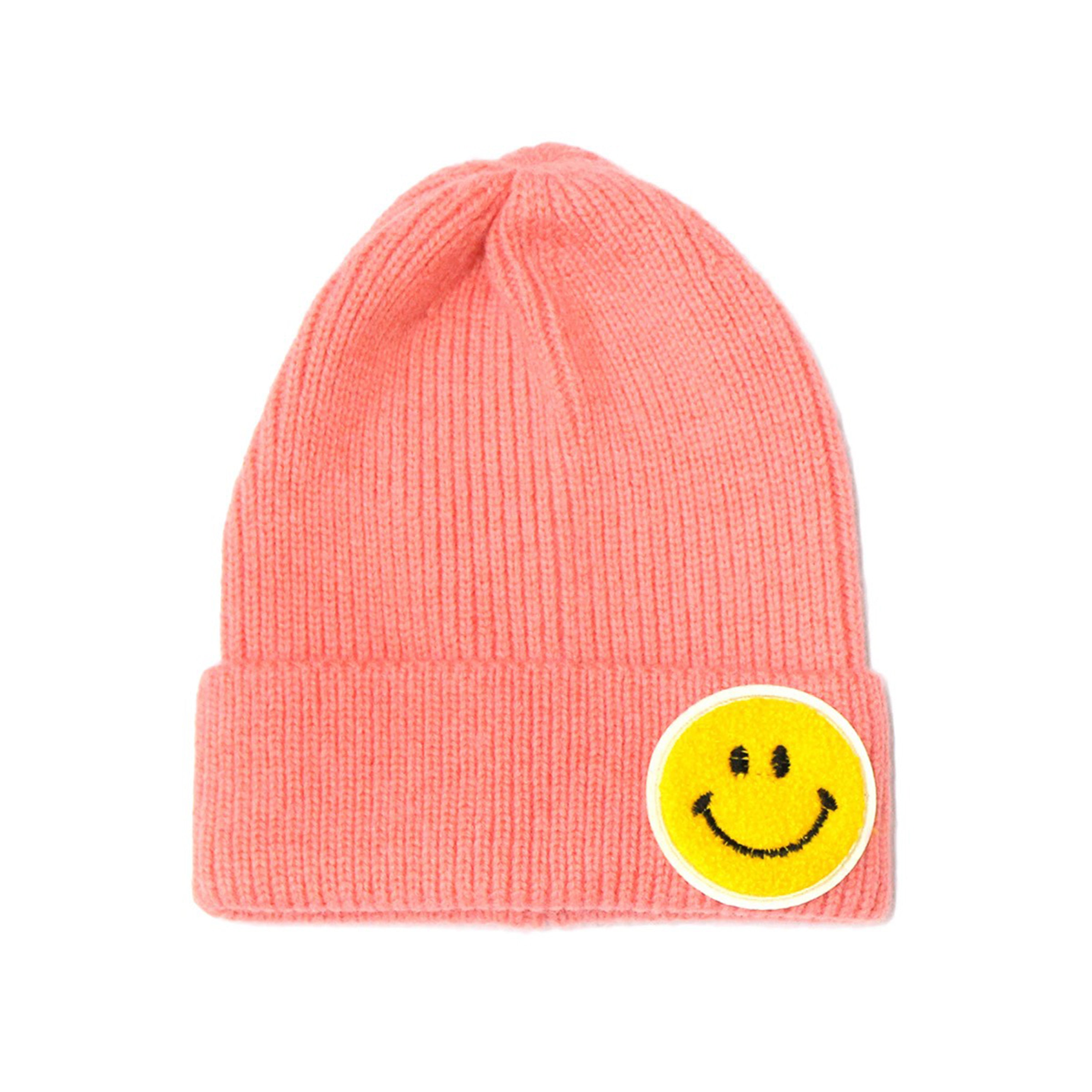 Chenille Patch Smiley Happy Face Knitted Cuffed Beanie with White Outline