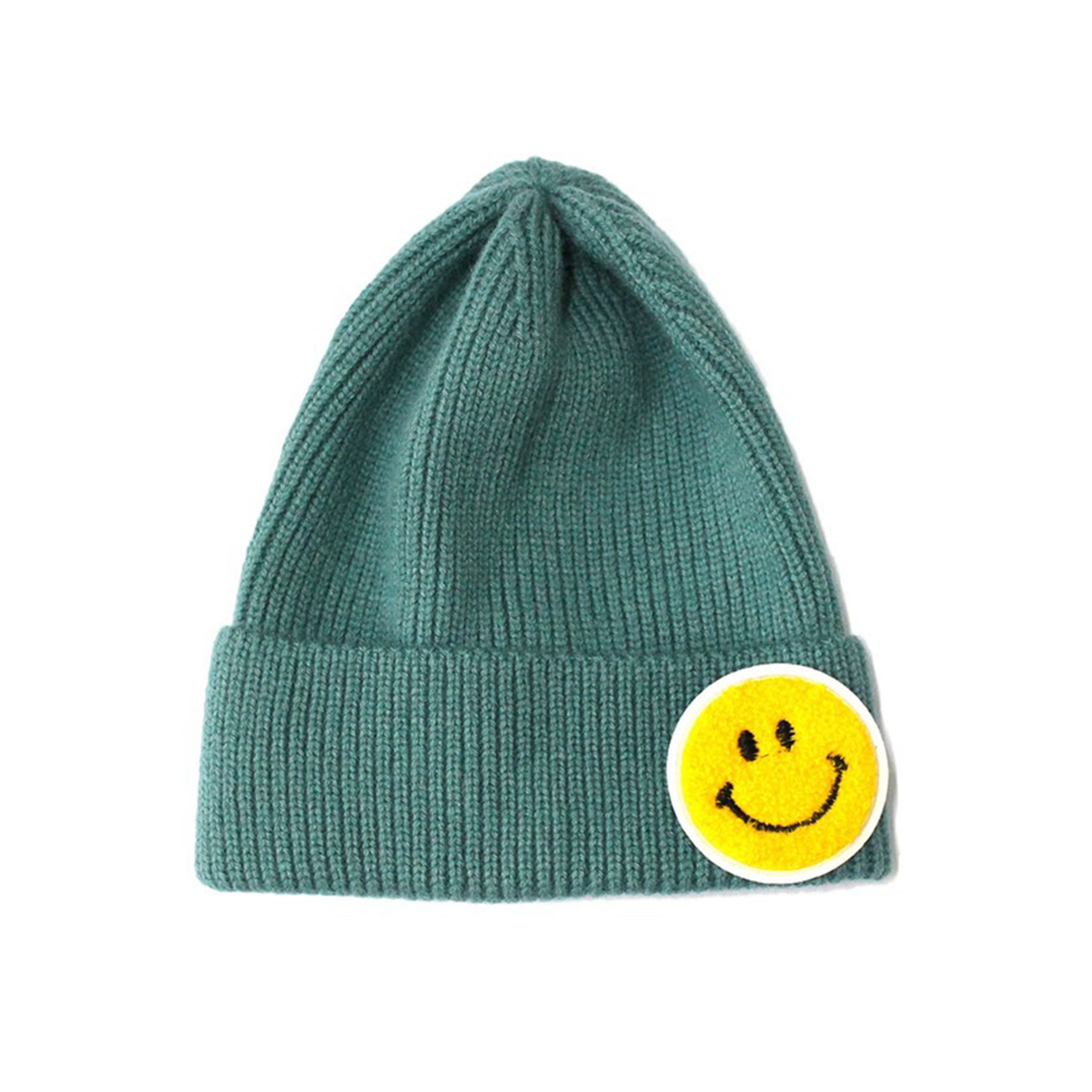 Chenille Patch Smiley Happy Face Knitted Cuffed Beanie with White Outline